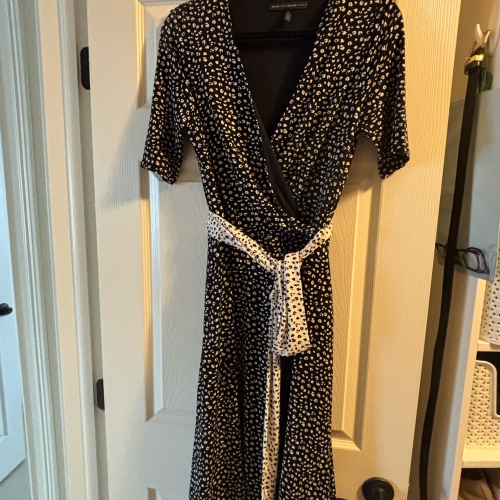 White House Black Market Black and White Faux-wrap Midi Dress